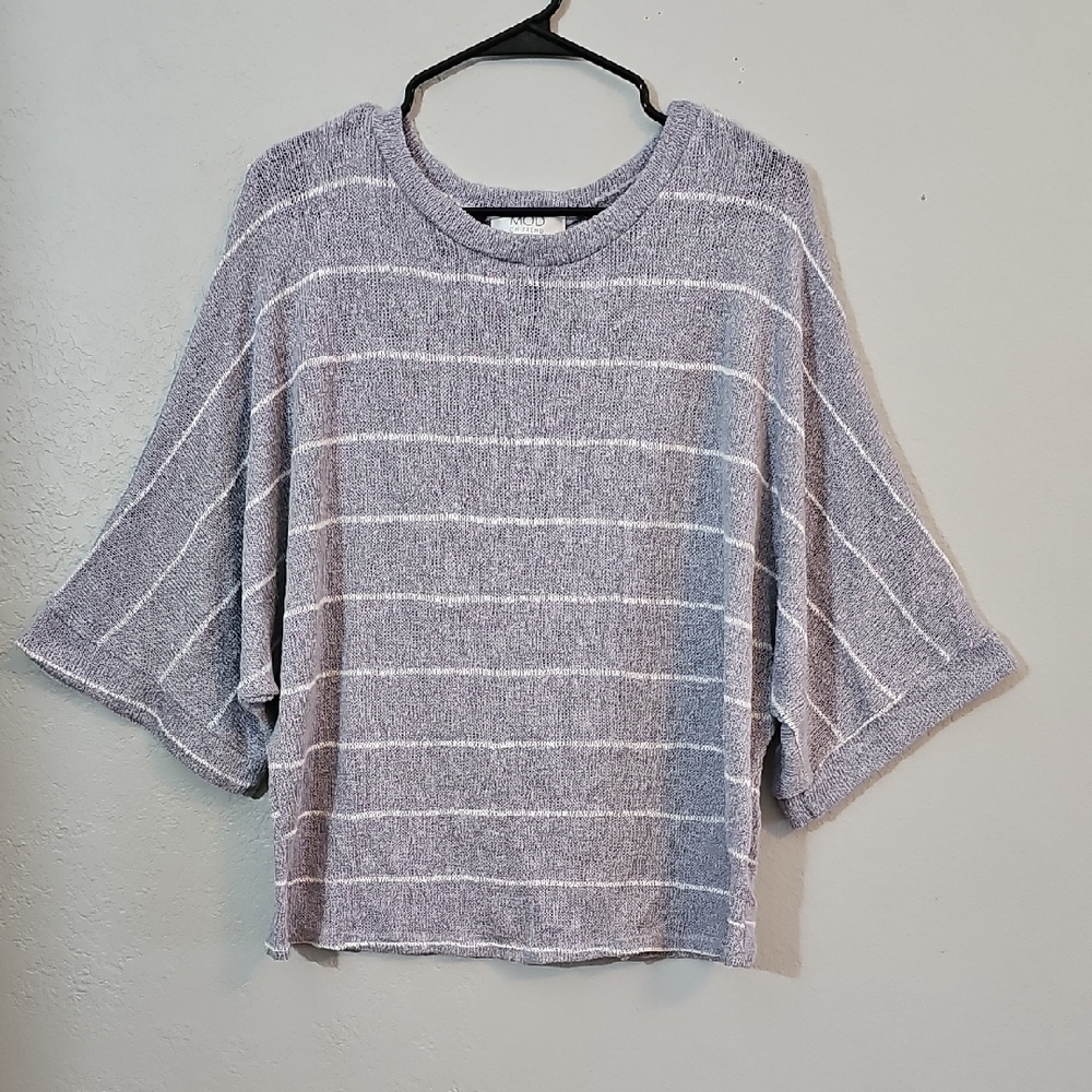 Mod On Trend Purpleish Gray Striped Crew Neck Sweater Womens Large Dolman Sleeve